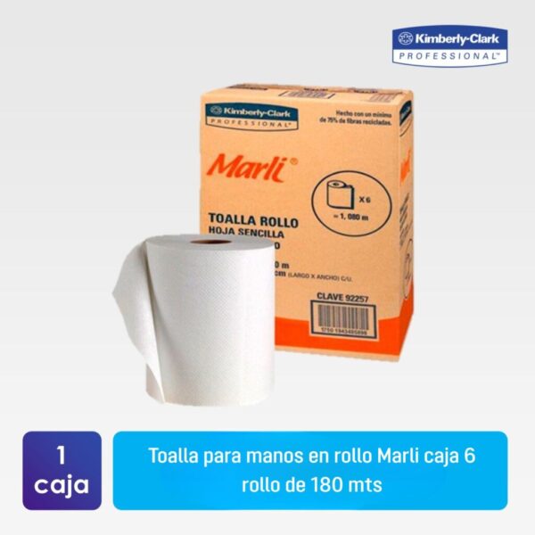Toalla en rollo Marli de 180 metros, ideal para dispensadores autocorte en baños públicos, hospitales. restaurantes, industria