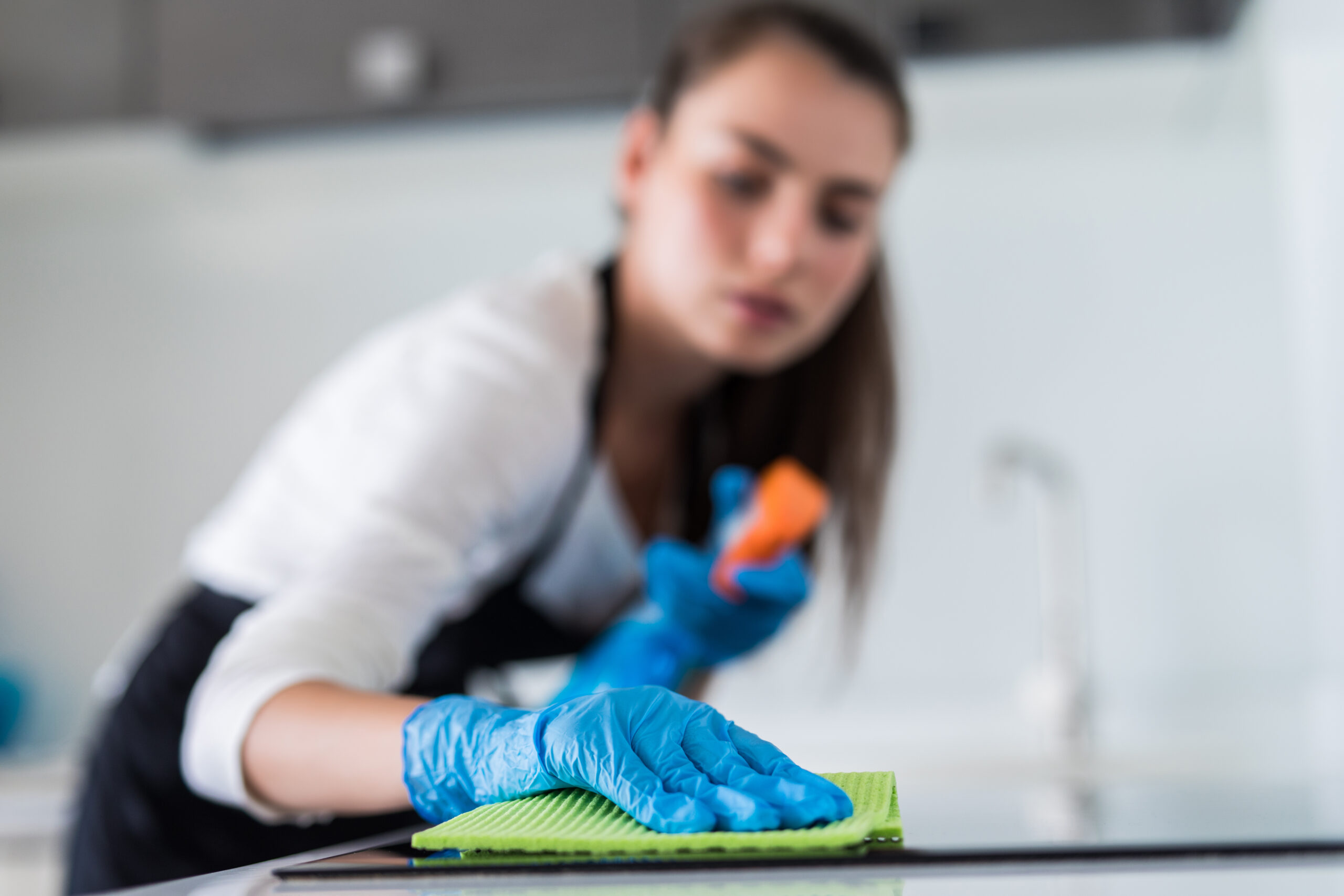 Young smiling woman cleans the kitchen at her home Young smiling woman cleans the kitchen at her home