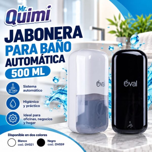 Jabonera para baño automática marca Oval, capacidad de 500 ml, ideal para espacios públicos que requieren alta higiene.