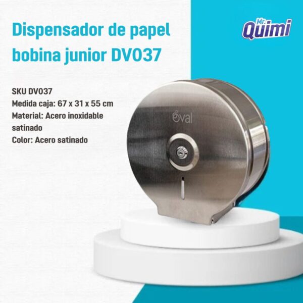 Modelo DV037 Oval: dispensador de papel en bobina junior de acero satinado, compacto y seguro.