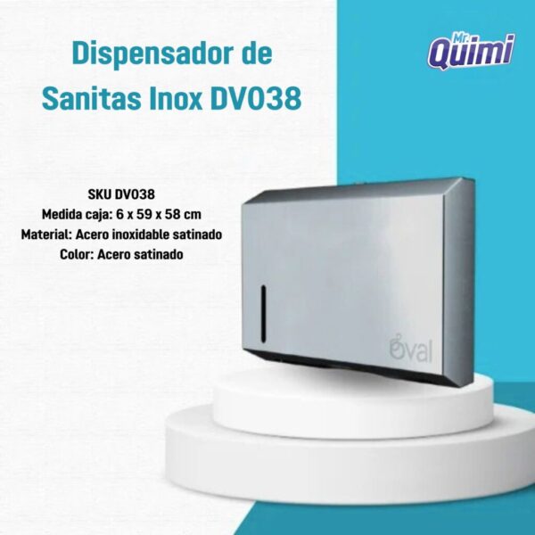 Modelo DV038 Oval: dosificador de sanitas en Z con diseño compacto y estructura resistente en acero inoxidable.