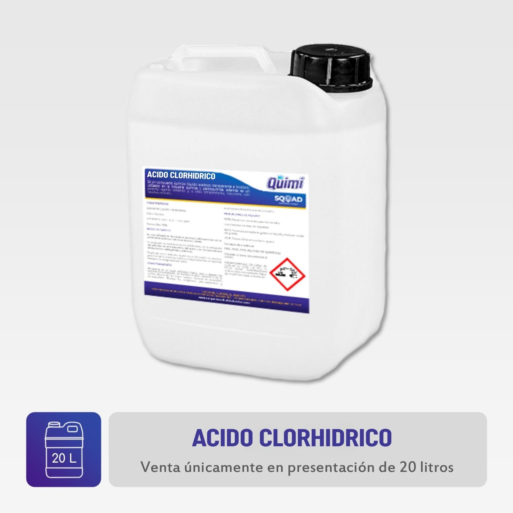 Garrafa de ácido clorhídrico grado industrial marca Mr. Quimi, materia prima utilizada en procesos químicos y tratamiento de aguas.