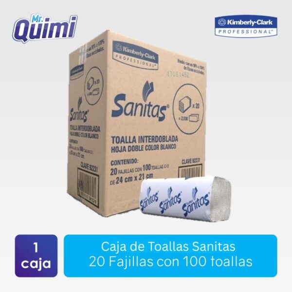 Caja de Sanitas con toalla interdoblada Sanitas, perfecta para mantener la higiene en baños públicos y negocios.