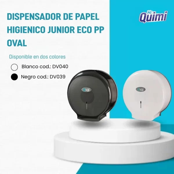 El dispensador de papel higiénico junior admite rollos de 10 cm x 300 m. Disponible en color negro y blanco, ideal para baños comerciales.
