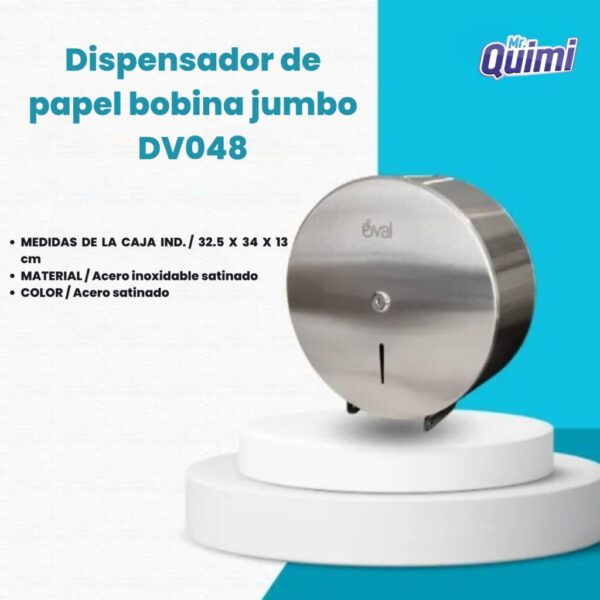 Modelo DV048 Oval: dispensador de papel higiénico en bobina jumbo, resistente y de fácil recarga.