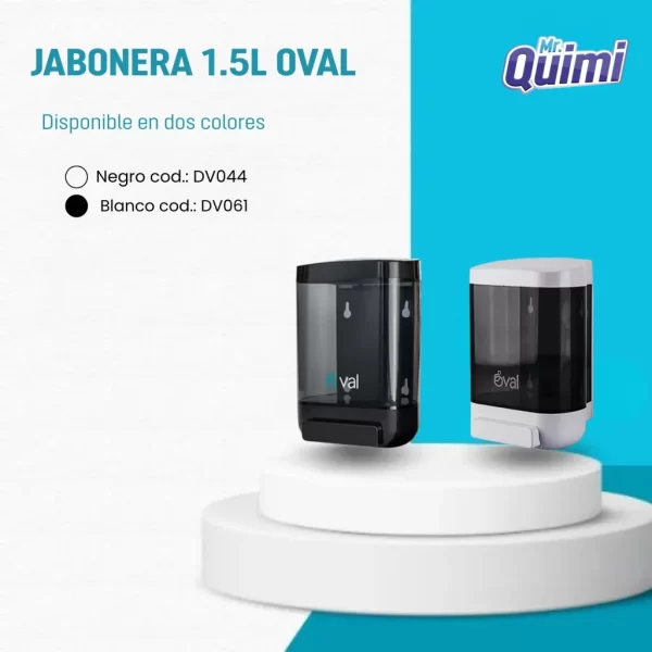 Jabonera de 1.5 litros, disponible en color negro y blanco, para jabón líquido a granel.