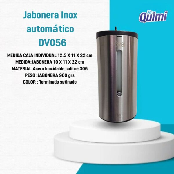 Modelo DV056: jabonera automática en acero inoxidable, ideal para sanitarios modernos y de alto tráfico.