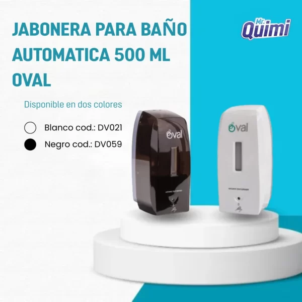 Jabonera para baño automática marca Oval, capacidad de 500 ml, ideal para espacios públicos que requieren alta higiene.