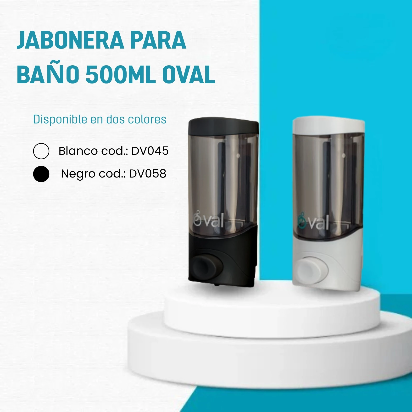 Jabonera de baño Oval de 500 ml, ideal para espacios reducidos. Apta para jabón líquido o gel sanitizante, con diseño compacto y resistente.