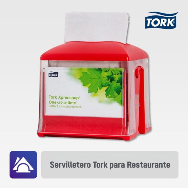 Servilletero Tork para restaurantes, diseñado para reducir el consumo y mantener la higiene en mesas de servicio limitado.