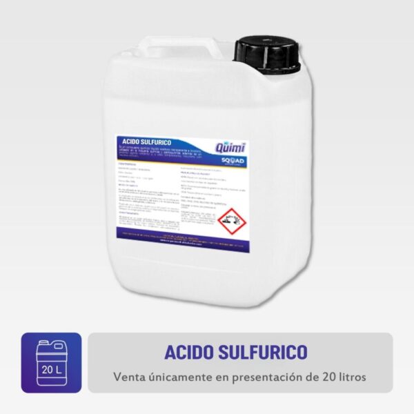 Ácido sulfúrico concentrado, utilizado en limpieza industrial, baterías y procesos químicos. Disponible en Mr. Quimi Central de Abastos con envíos a todo México.