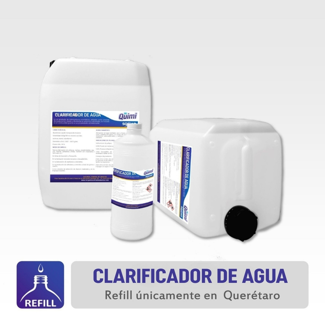 Clarificador de agua, eficaz para mantener cisternas, tinacos y albercas limpias y cristalinas. Disponible en Mr. Quimi Central de Abastos con envíos a todo México.