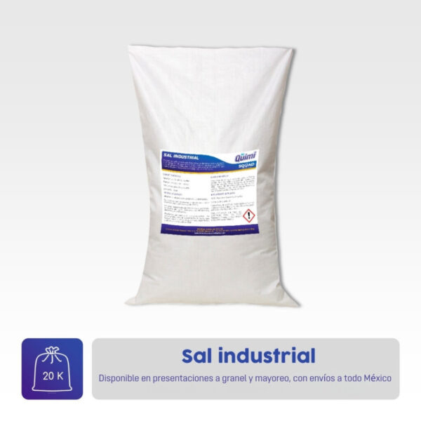 Sal industrial de alta pureza, ideal para tratamiento de agua, fabricación de detergentes y procesos químicos. Disponible en Mr. Quimi Central de Abastos.