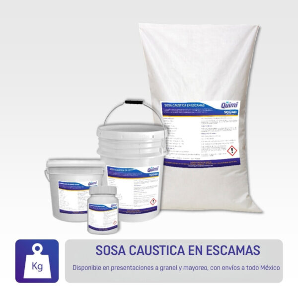 osa cáustica en escamas: eficaz para desengrasado, tratamiento de agua y producción de detergentes. Disponible en Mr. Quimi Central de Abastos con envíos a todo México.