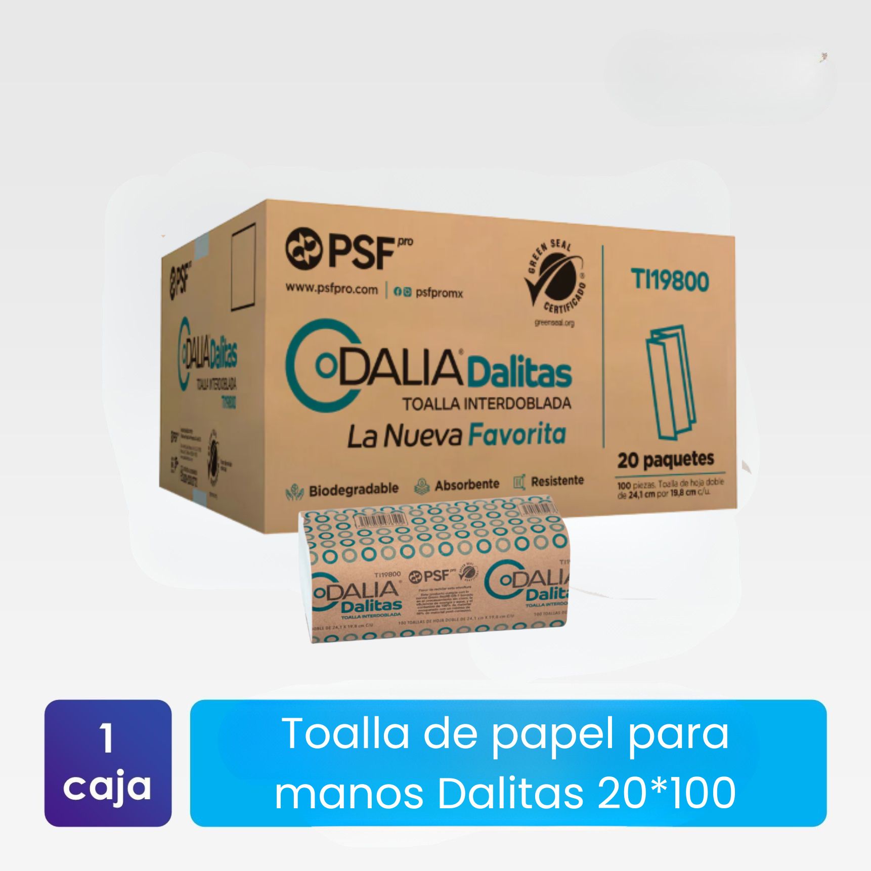 Toalla de papel Dalitas TI2100 doble hoja, ideal para baños institucionales, caja con 20 paquetes de 100 piezas