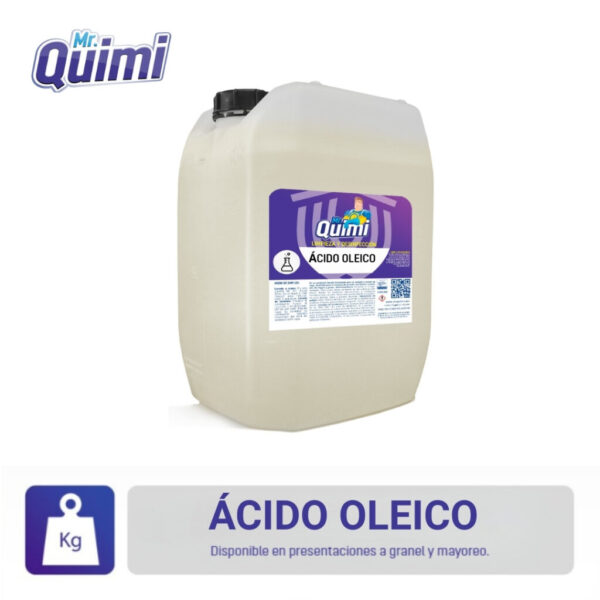 Ácido oleico de alta calidad, usado como emulsionante y materia prima en jabones, detergentes, cosmética e industria química. Disponible en Mr. Quimi Central de Abastos Y Pirineos.