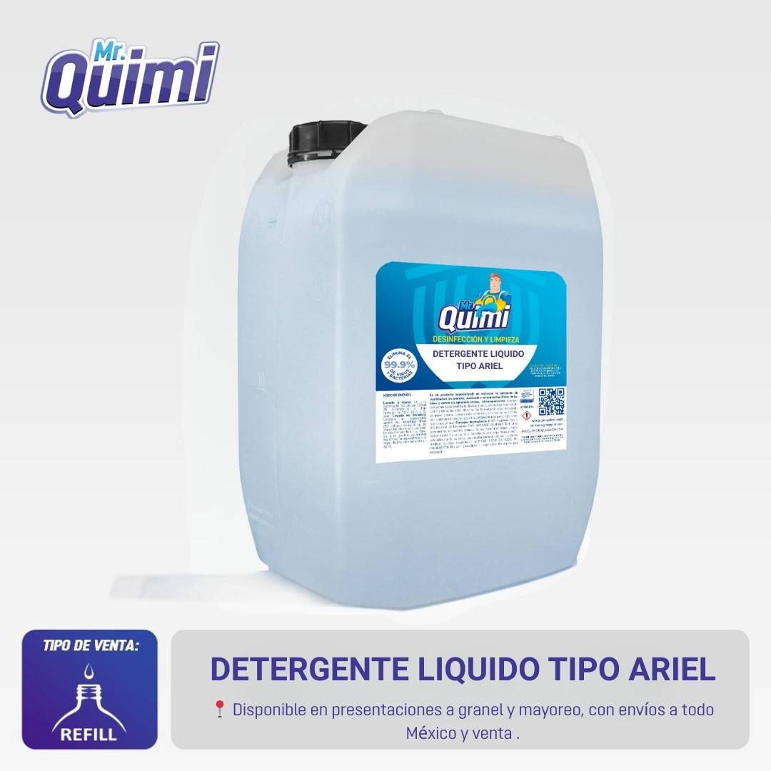 Detergente líquido tipo ariel a granle y mayoreo para ropa limpia, fresca y protegida.