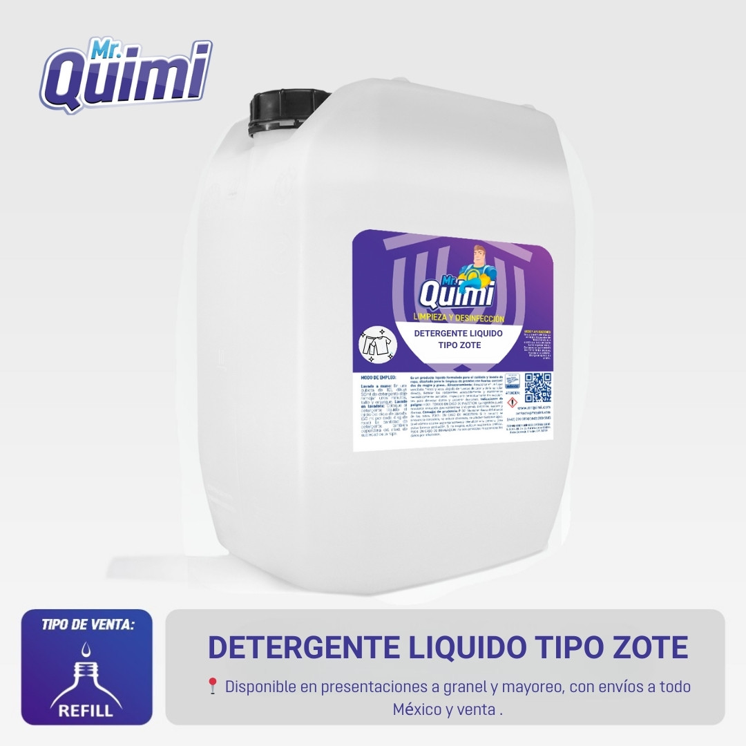 Detergente Zote líquido en presentaciones de 1L, 5L y 20L para ropa limpia y fresca.