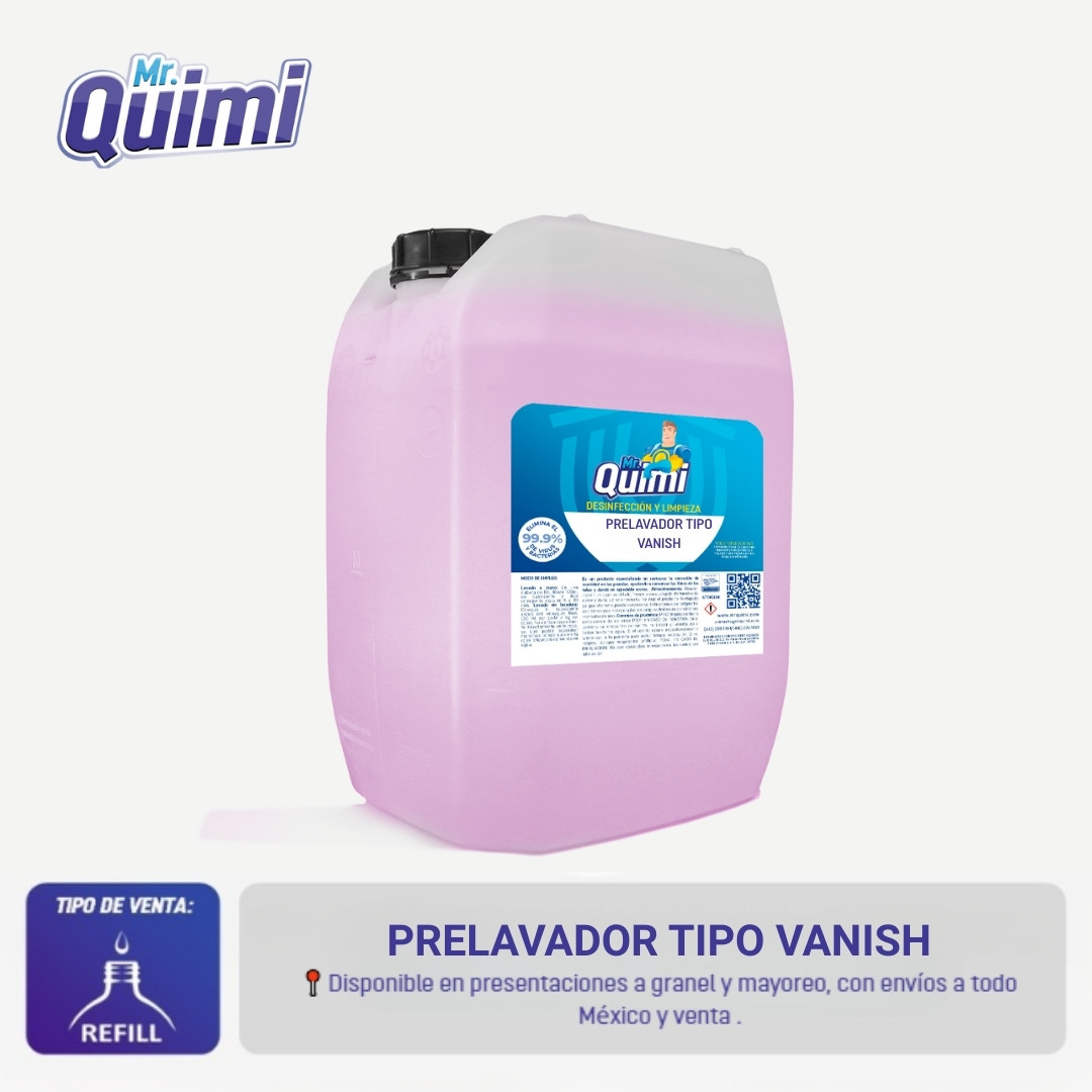 Prelavador tipo Vanish: limpia manchas difíciles, devuelve la blancura y cuida las fibras textiles en cada lavado.