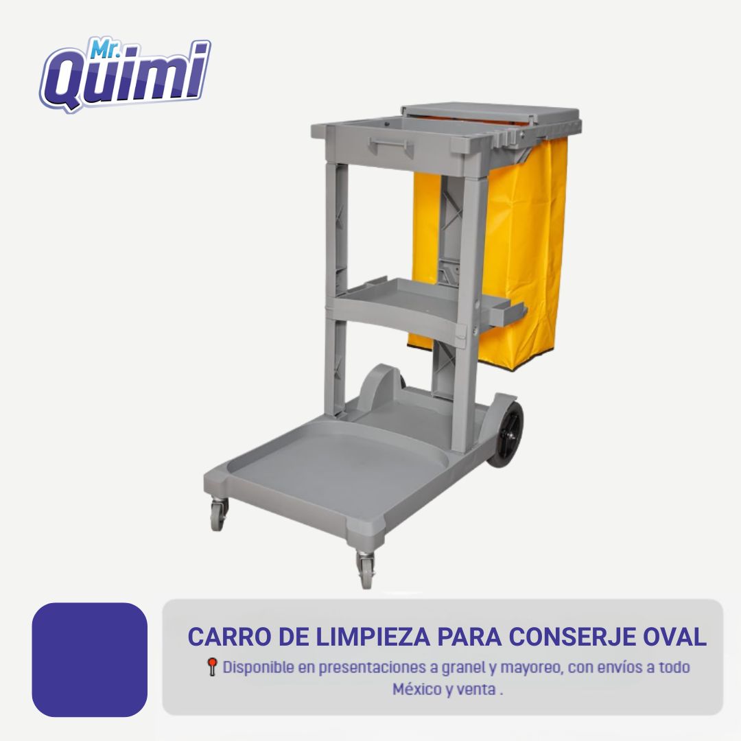 Carro de Limpieza para Conserje Oval con repisas y bolsa de lona resistente.