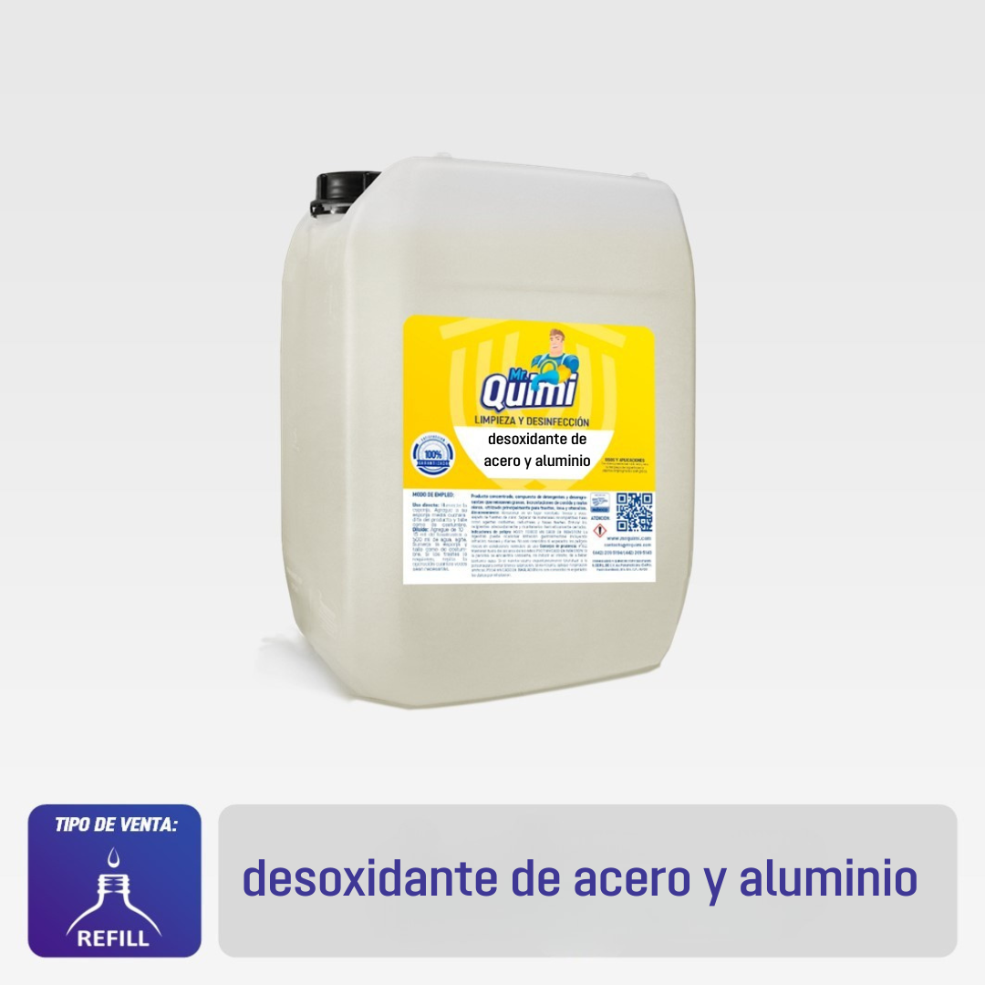 Desoxidante profesional para acero y aluminio · Limpieza profunda, brillo y protección contra corrosión.
